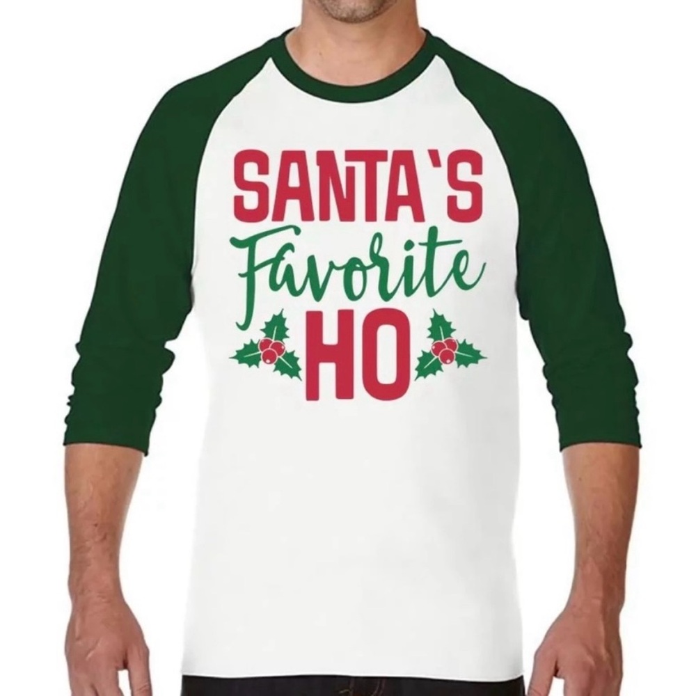 21 Threads Green Unisex Santa's Favorite Ho Raglan 3/4 Sleeve Christmas Shirt L